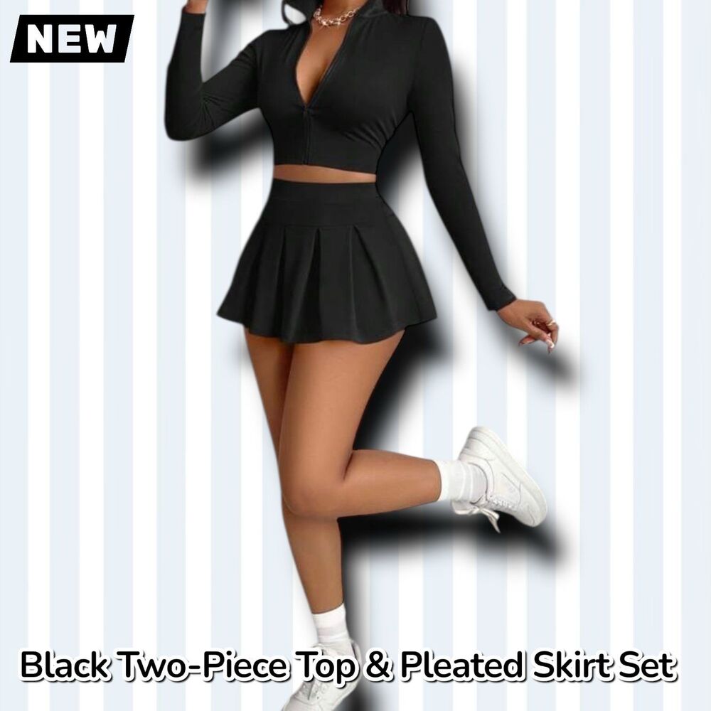 New Black Two-Piece Zip-Up Crop Top & Pleated Skirt Set Medium - Picture 2 of 7